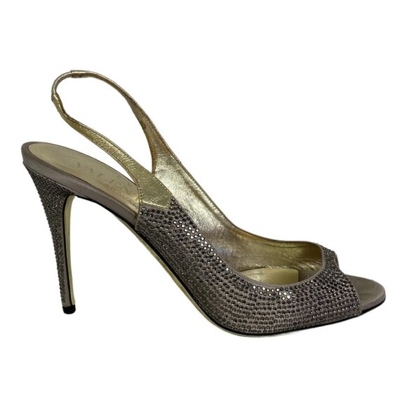 Valentino Gold Sequin Slingback Heels Size 36 or 6 Italy Peep Toe Elastic Band - Picture 2 of 12